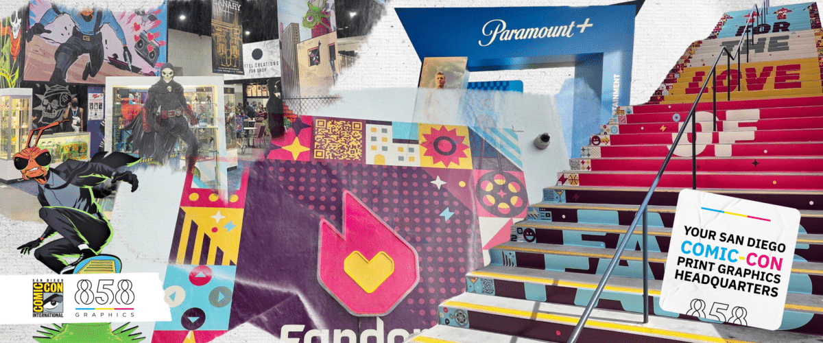 Comic-Con display featuring vibrant graphics, characters, and branding elements from 858 Graphics, showcasing custom banners and signage for events in Los Angeles, California.